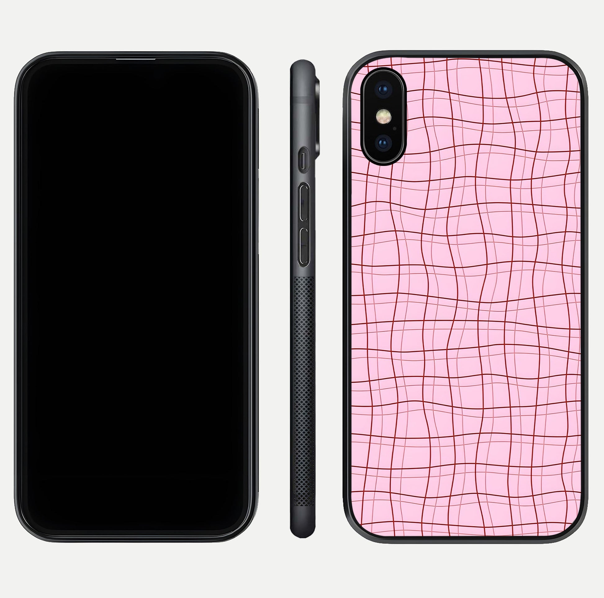 Soft Grid Bliss iPhone X glass phone case front and side layout view displaying slim profile and clean design