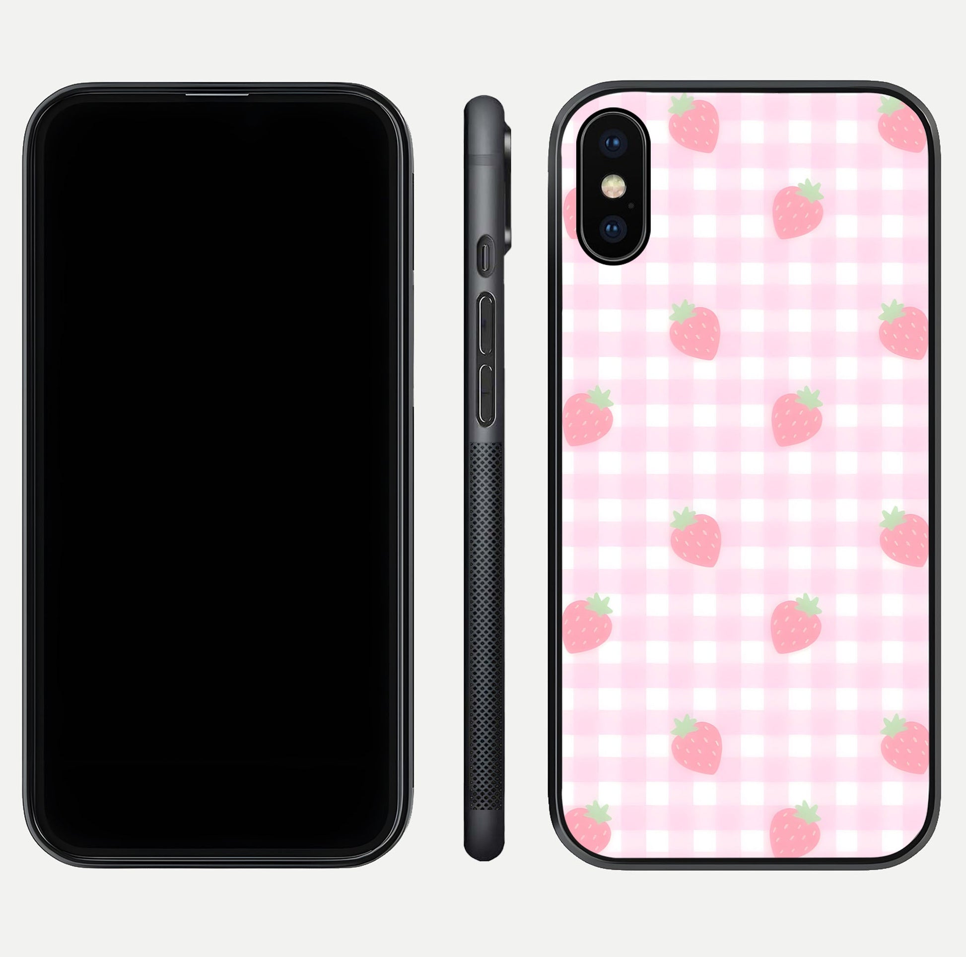 Strawberry Picnic Love iPhone X glass phone case front and side layout view showing slim profile and full picnic design