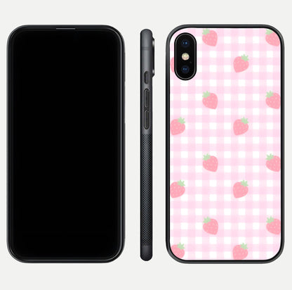 Strawberry Picnic Love iPhone X glass phone case front and side layout view showing slim profile and full picnic design