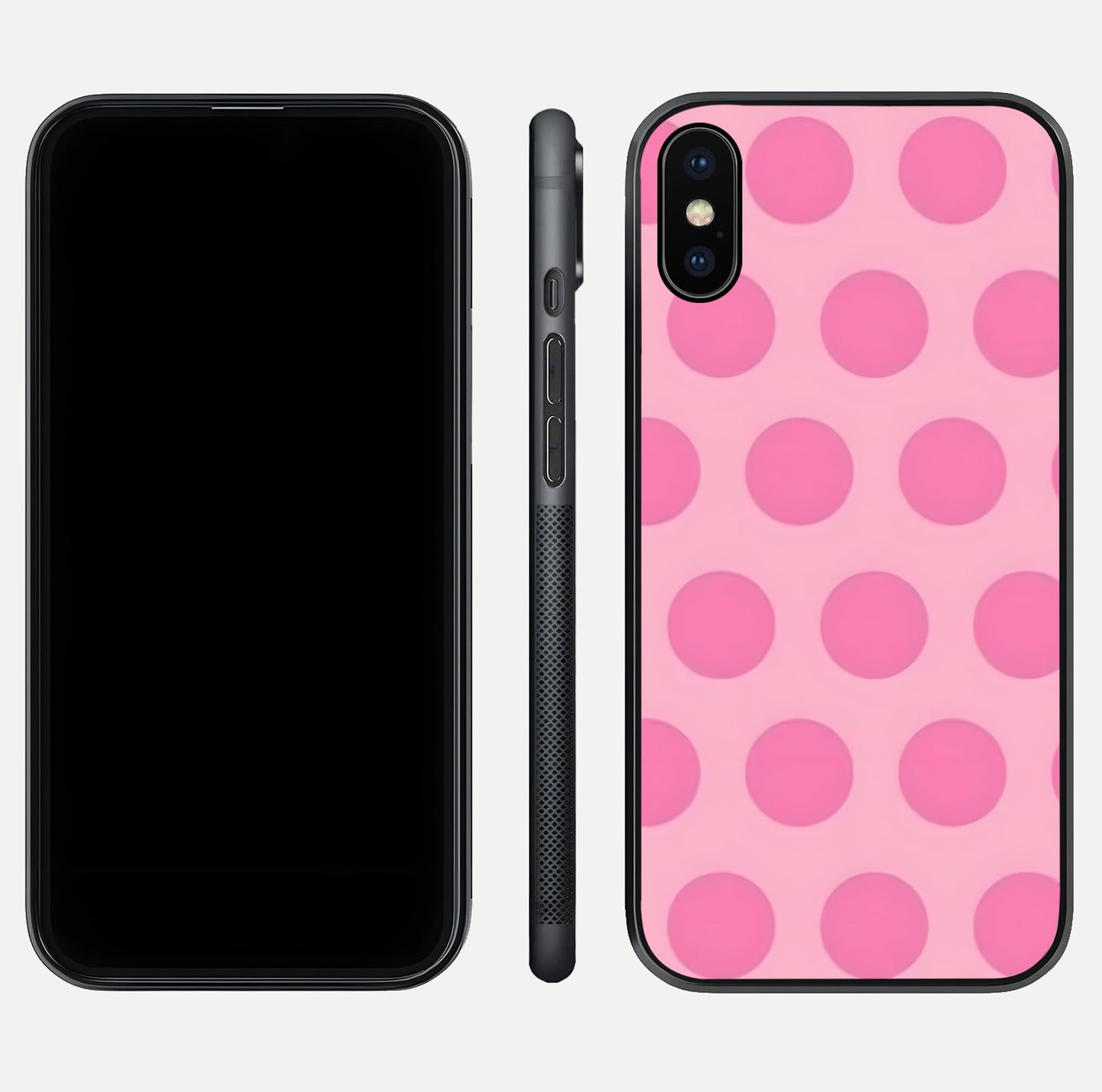 Sweet Dot Dreams iPhone X glass phone case front and side layout view displaying slim build and full dot design