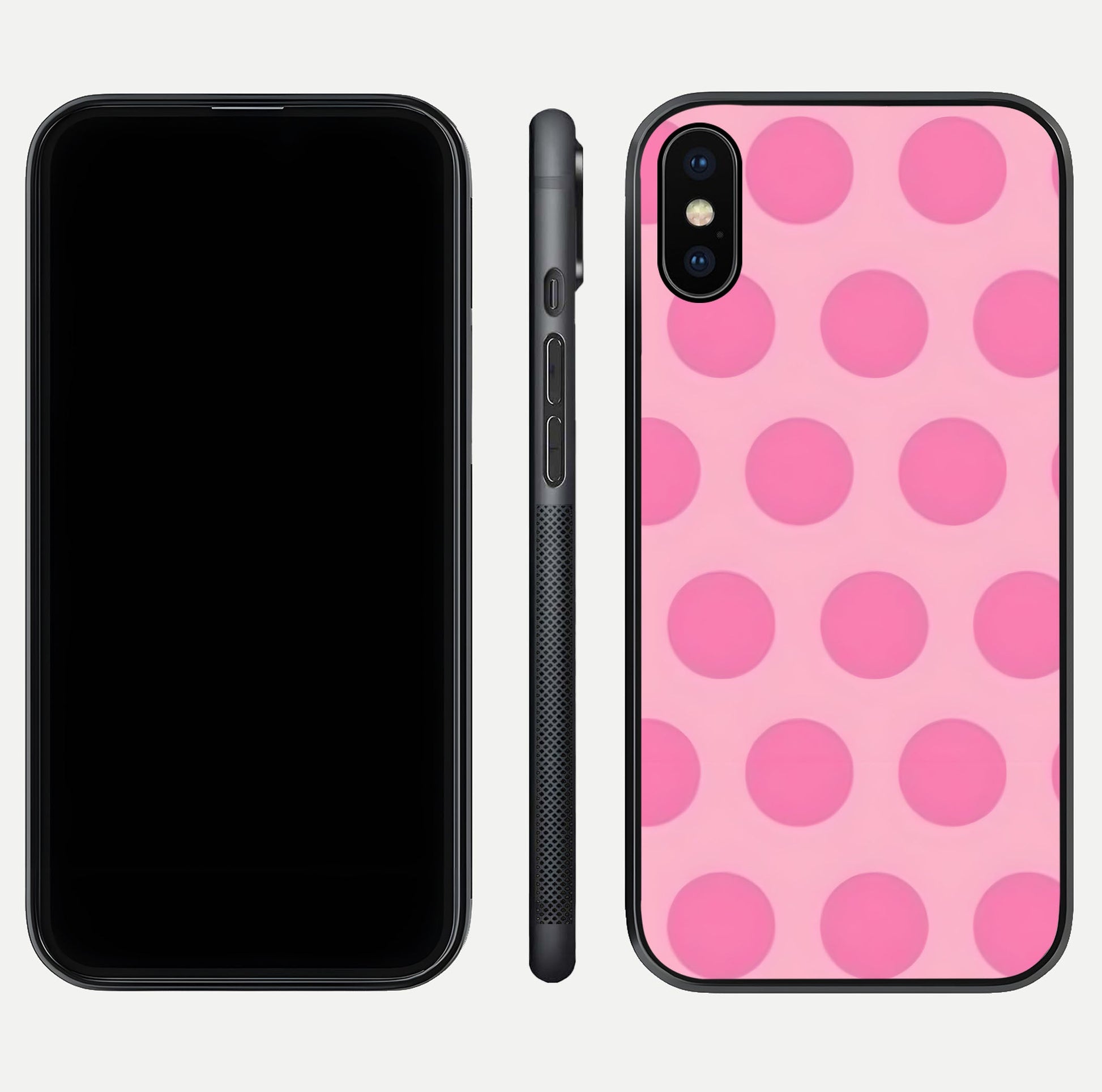 Sweet Dot Dreams iPhone X glass phone case front and side layout view displaying slim build and full dot design