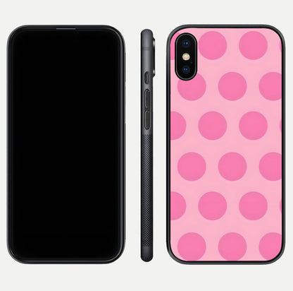 Sweet Dot Dreams iPhone X glass phone case front and side layout view displaying slim build and full dot design
