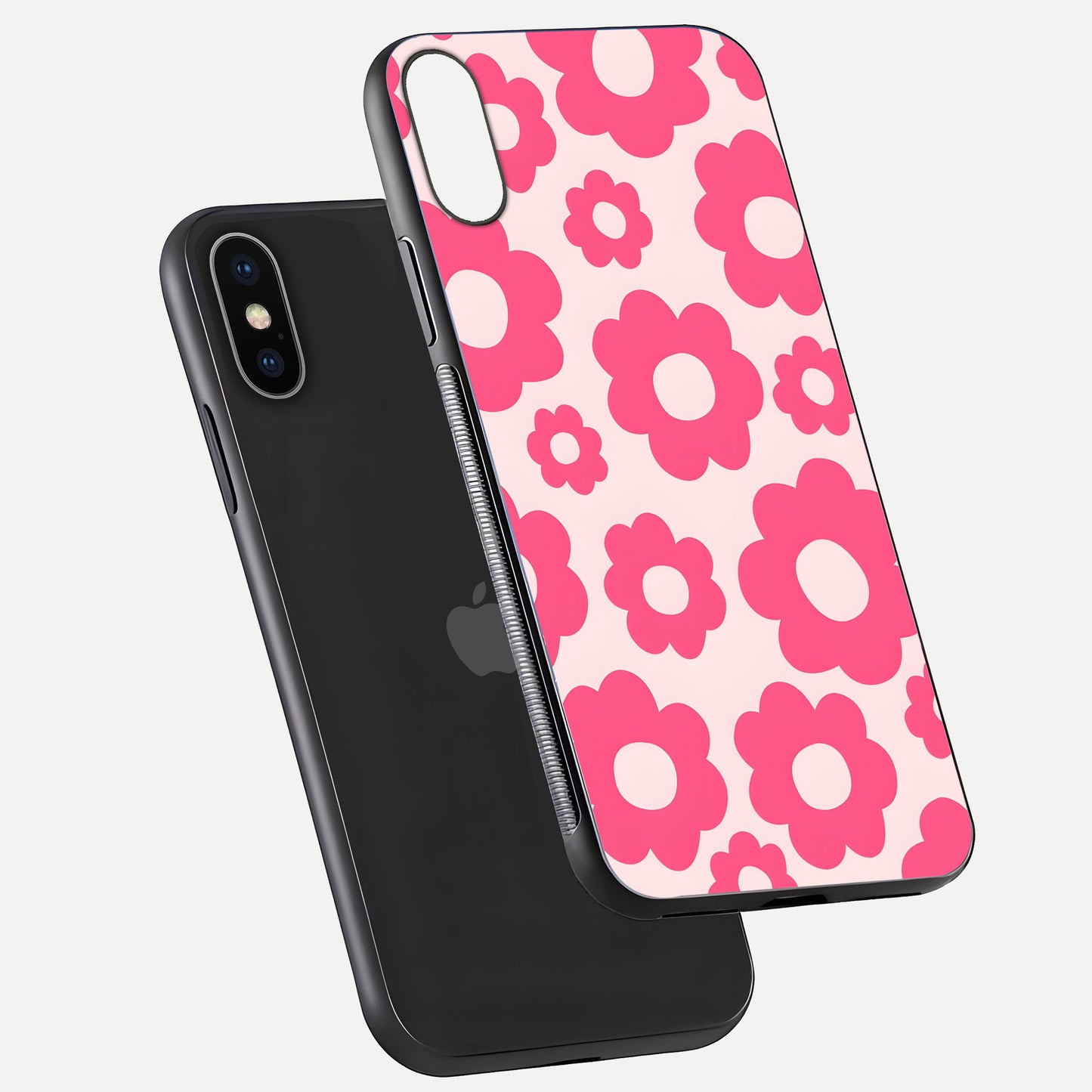 Blush Flower Pop iPhone X glass phone case floating view emphasizing premium build and vibrant flower artwork