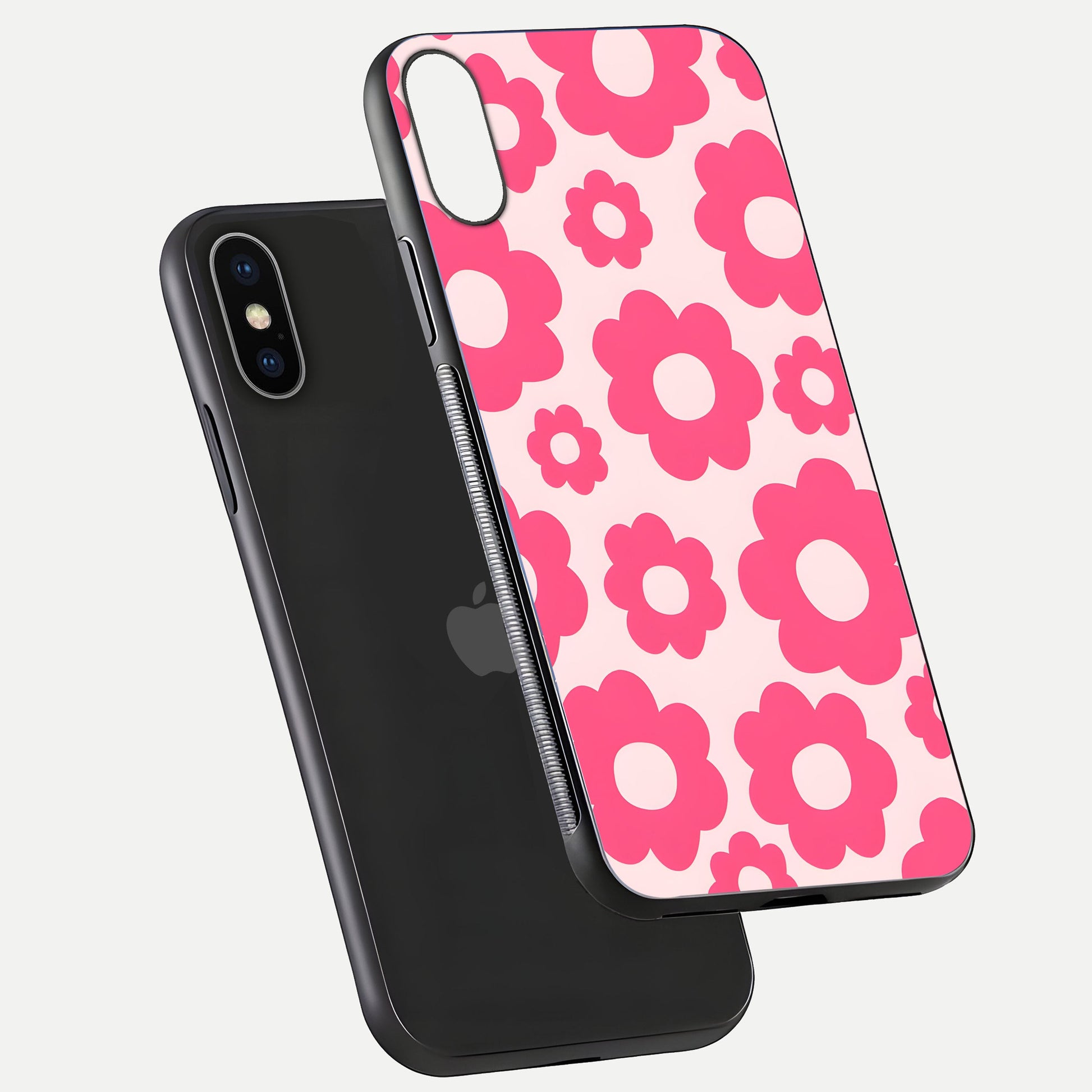 Blush Flower Pop iPhone X glass phone case floating view emphasizing premium build and vibrant flower artwork