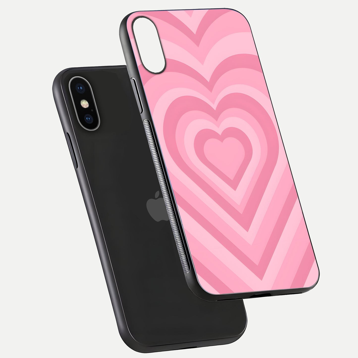 Blush Heart Waves iPhone X glass phone case floating view emphasizing glossy finish and layered heart design