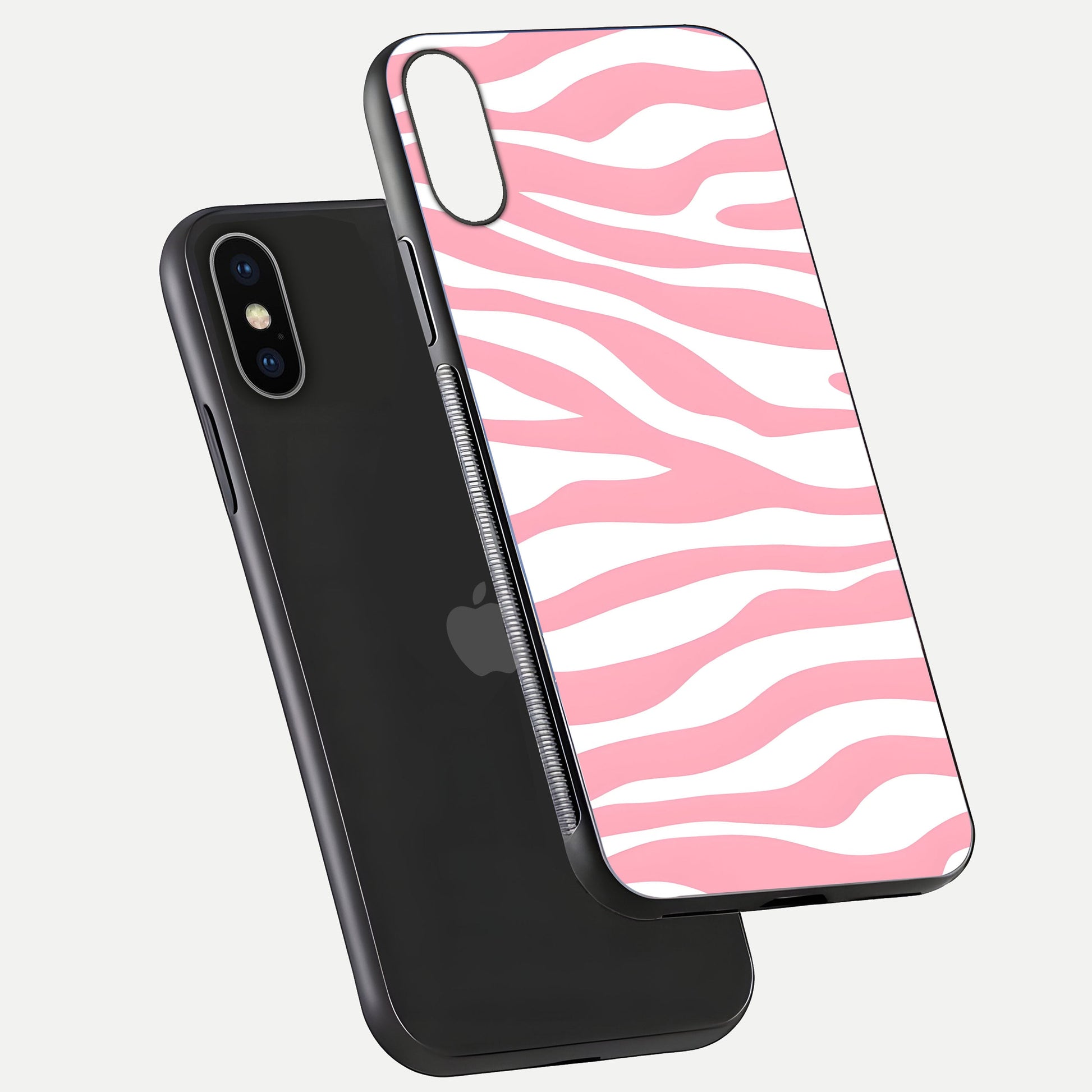 Blush Zebra Flow iPhone X glass phone case floating view emphasizing premium glossy surface and dynamic design