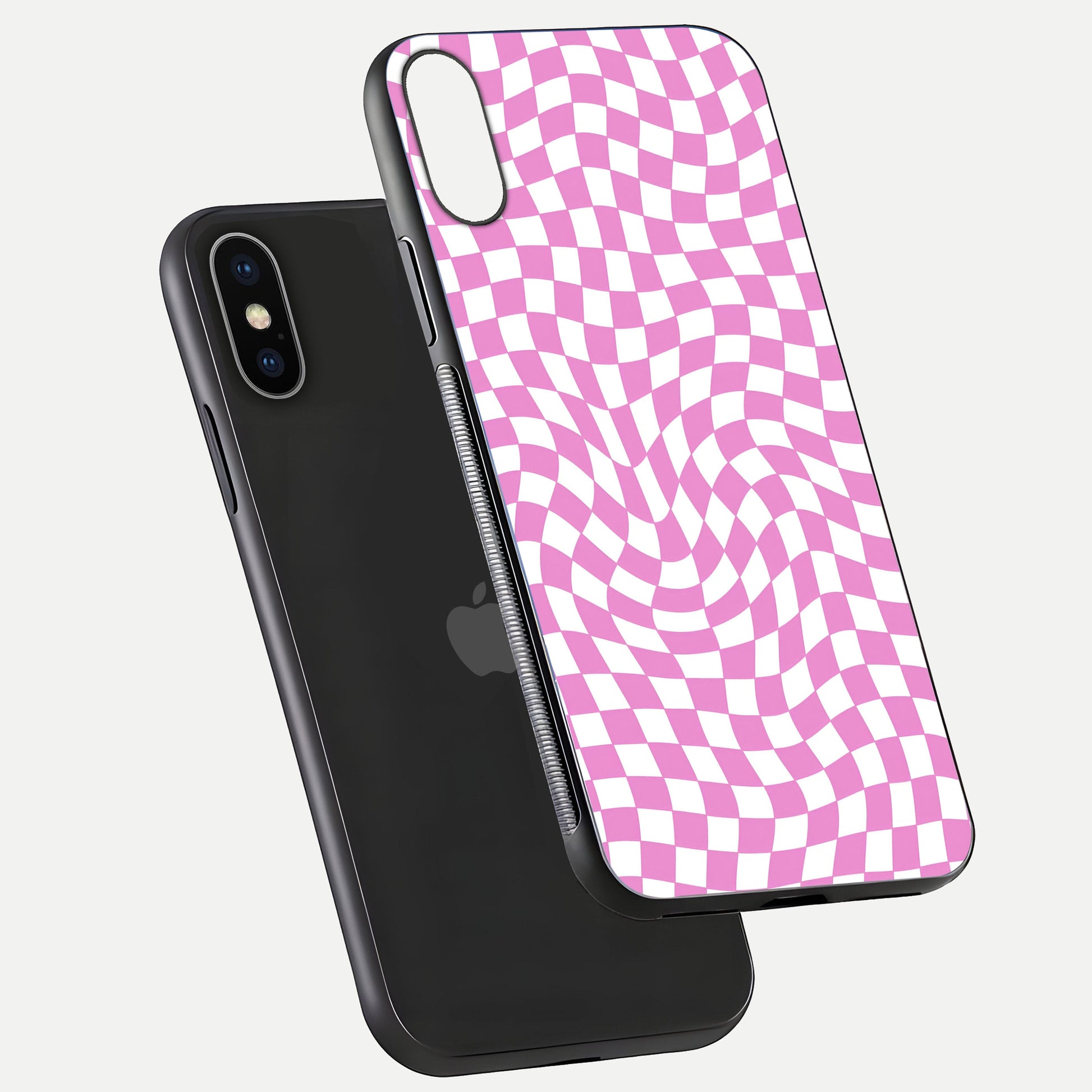 Bubblegum Check Wave iPhone X glass phone case floating view emphasizing premium glass finish and vibrant design