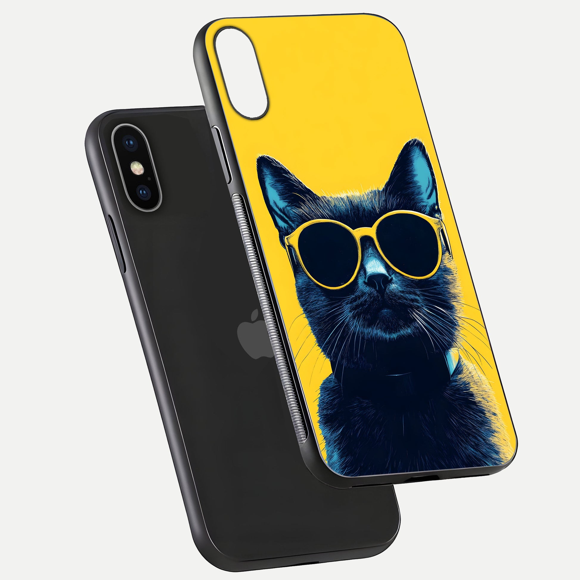Cool Cat Vibes iPhone X glass phone case floating view emphasizing glossy finish and fun cat vibe
