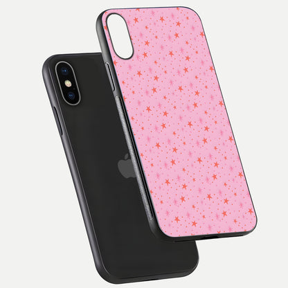 Cosmic Pink Sparkle iPhone X glass phone case floating view emphasizing premium glass surface and glittering details