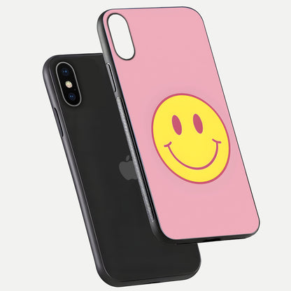 Happy Pink Mood iPhone X glass phone case floating view emphasizing glossy finish and joyful color palette
