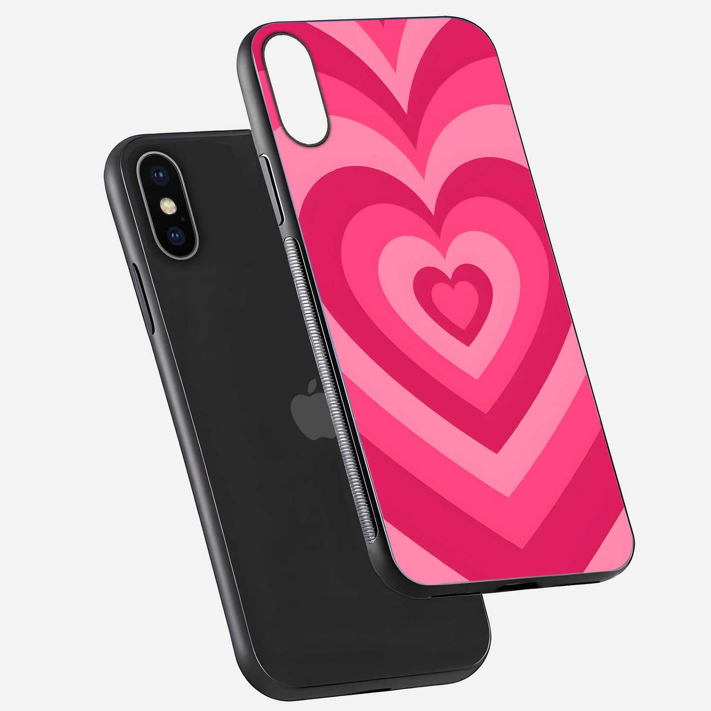 Layered Love Hearts iPhone X glass phone case floating view emphasizing glossy surface and layered heart details