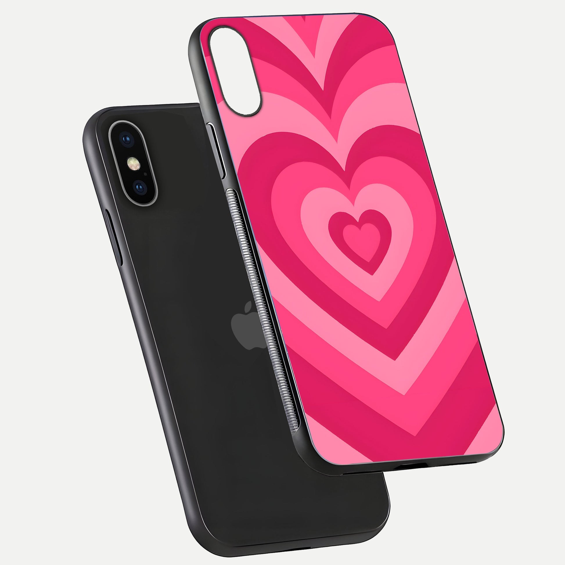 Layered Love Hearts iPhone X glass phone case floating view emphasizing glossy surface and layered heart details