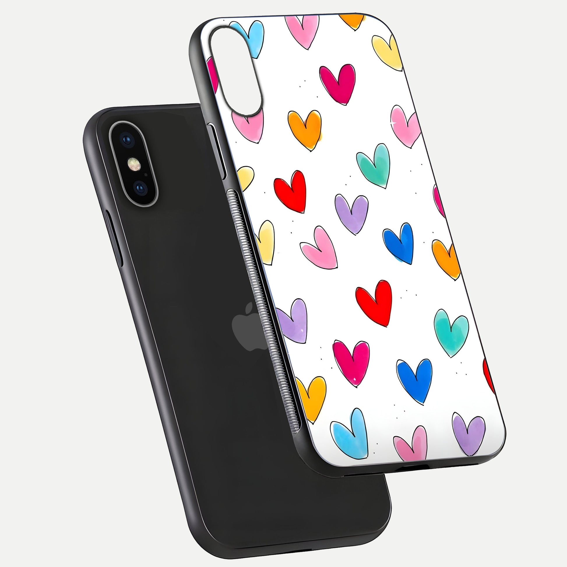 Playful Love Doodles iPhone X glass phone case floating view emphasizing glossy finish and playful design