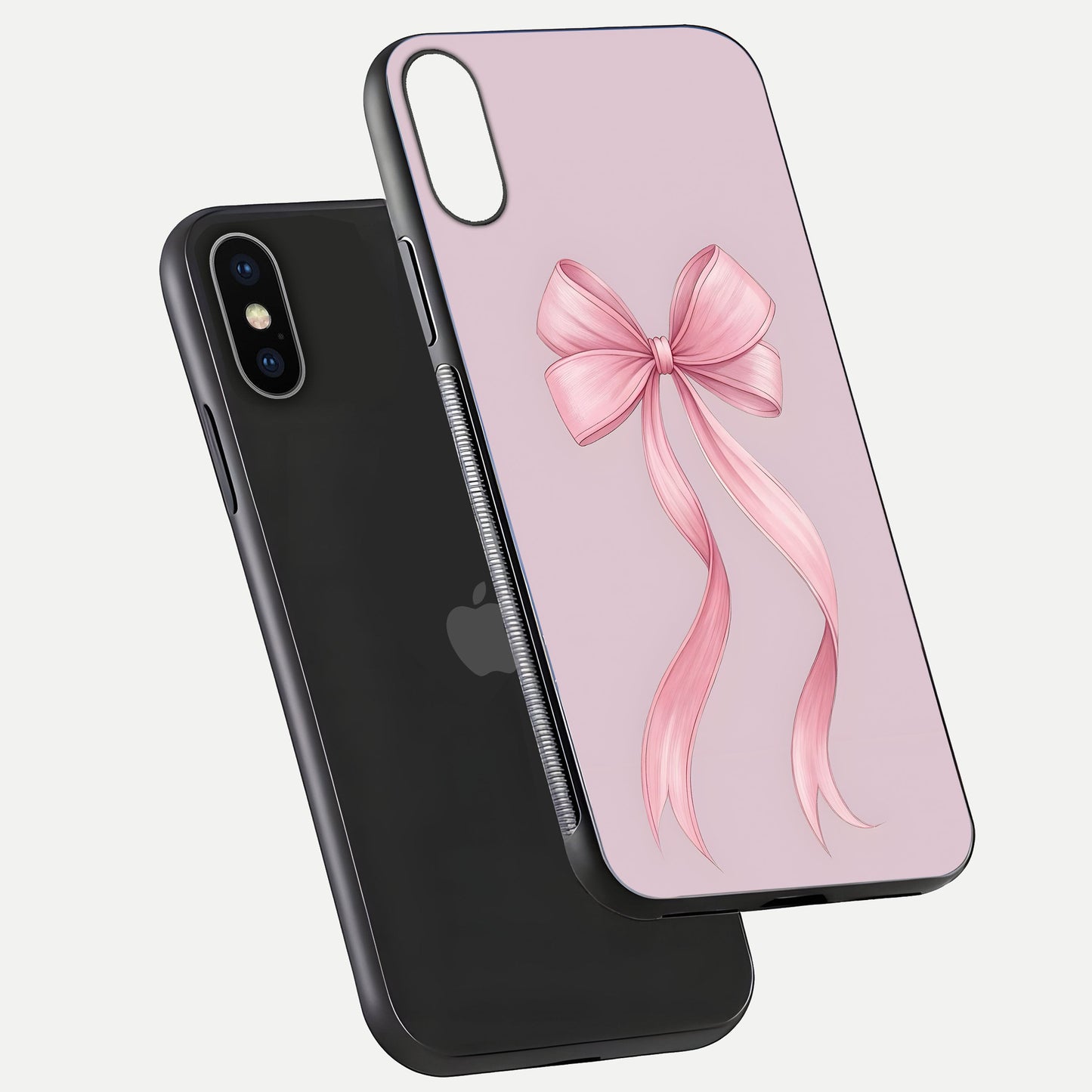 Soft Blush Bow iPhone X glass phone case floating view emphasizing glossy surface and soft feminine styling