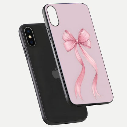 Soft Blush Bow iPhone X glass phone case floating view emphasizing glossy surface and soft feminine styling