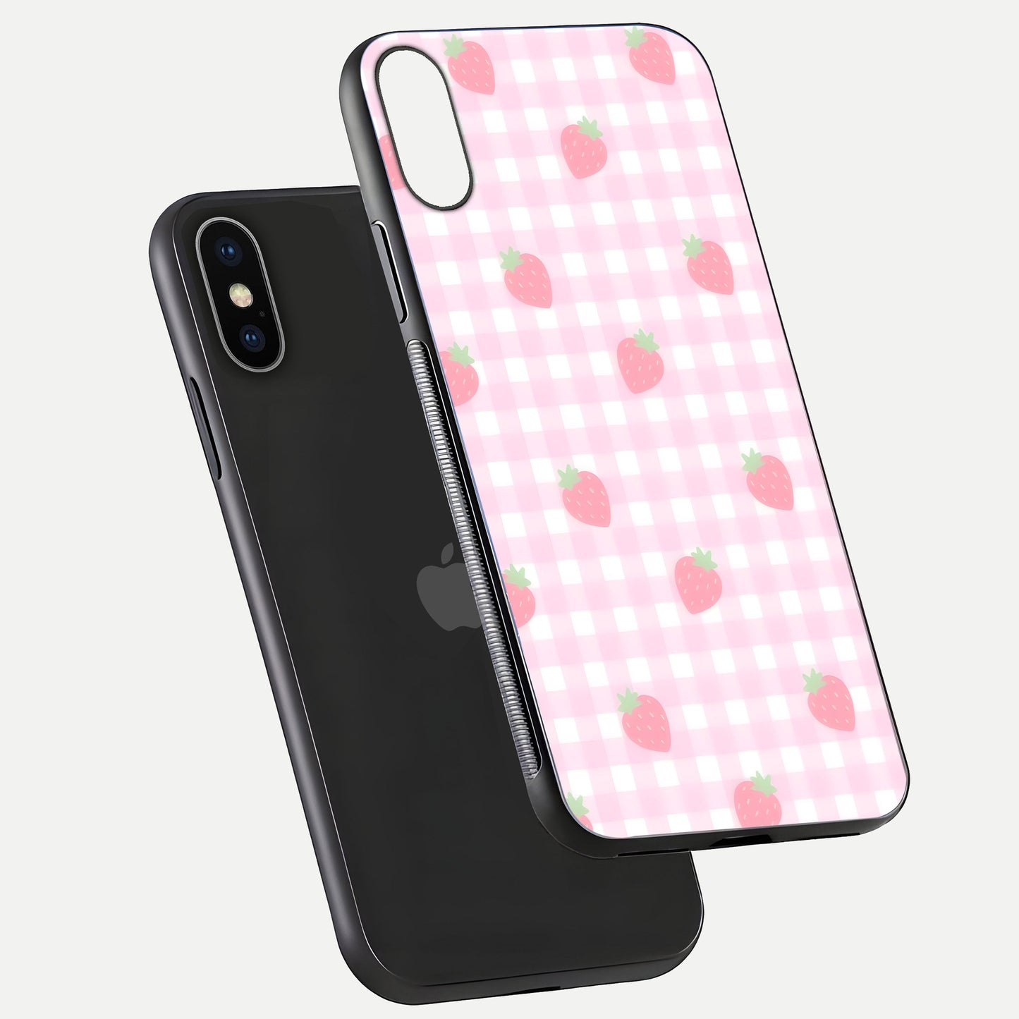 Strawberry Picnic Love iPhone X glass phone case floating view emphasizing glossy finish and playful charm