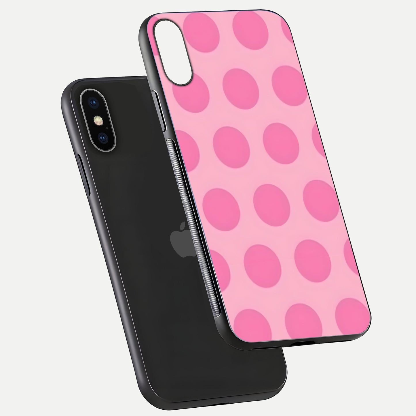 Sweet Dot Dreams iPhone X glass phone case floating view emphasizing glossy surface and soft playful styling
