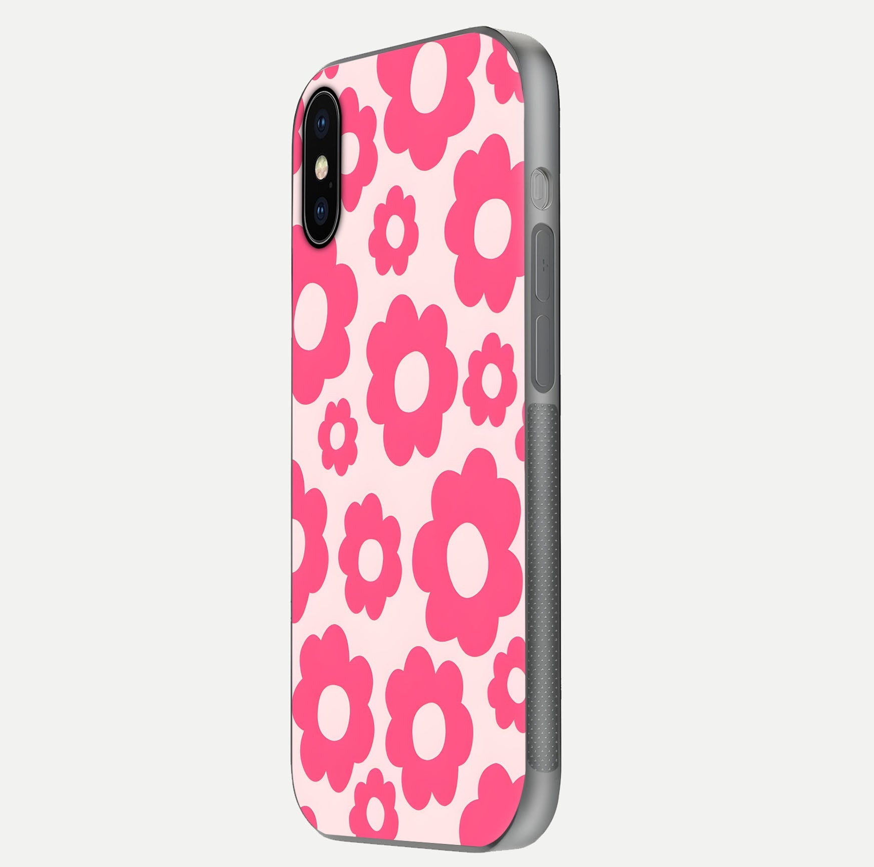 Blush Flower Pop iPhone X glass phone case side profile view focusing on clean edges and seamless floral wrap