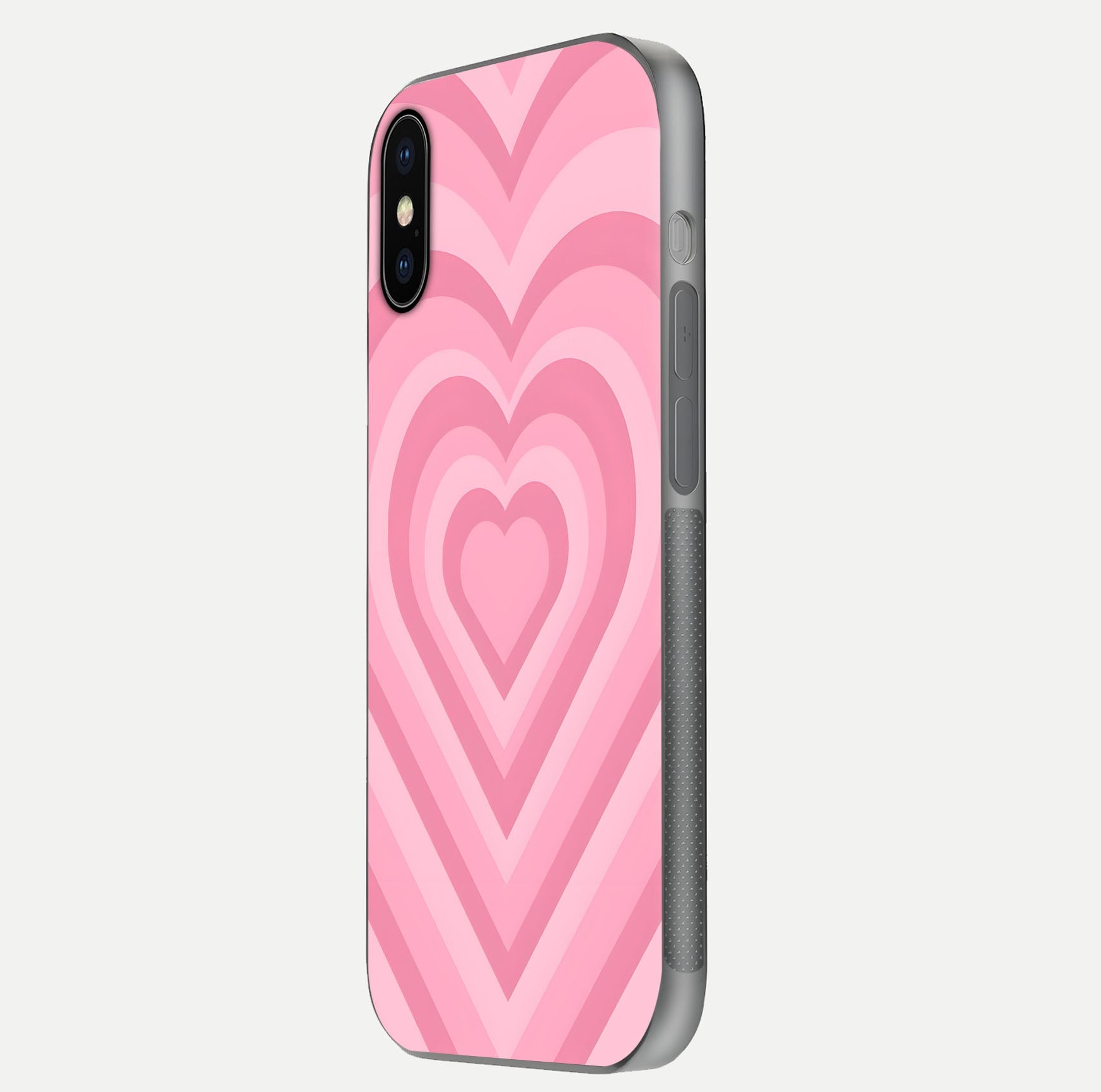 Blush Heart Waves iPhone X glass phone case side profile view focusing on smooth edges and elegant wrap