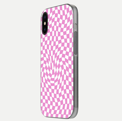 Bubblegum Check Wave iPhone X glass phone case side profile view focusing on smooth edges and seamless wrap