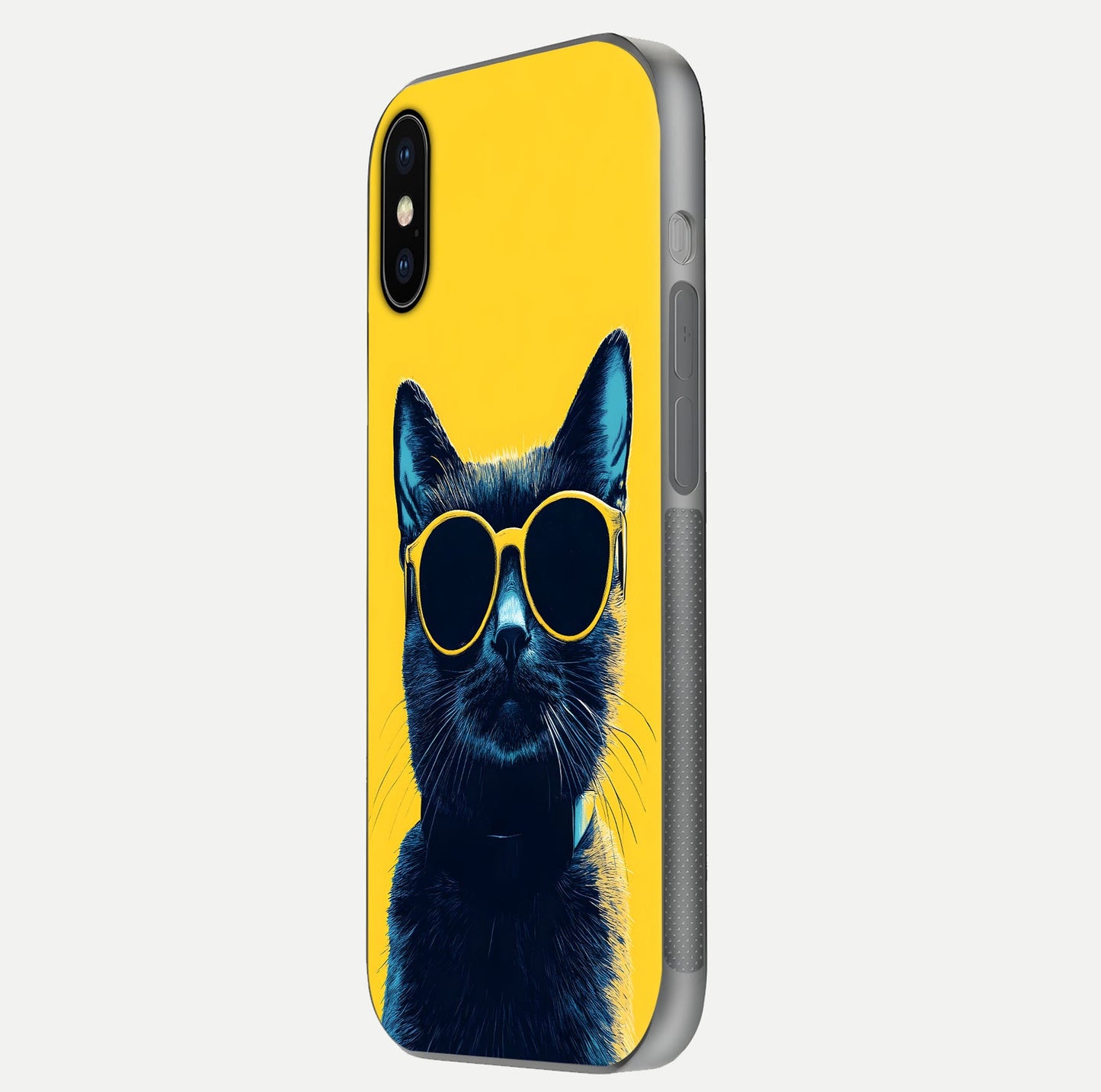 Cool Cat Vibes iPhone X glass phone case side profile view focusing on sleek edges and seamless wrap