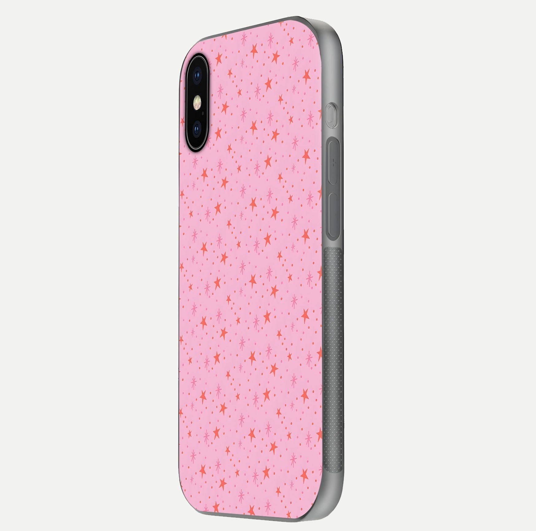 Cosmic Pink Sparkle iPhone X glass phone case side profile view focusing on sleek edges and seamless wrap
