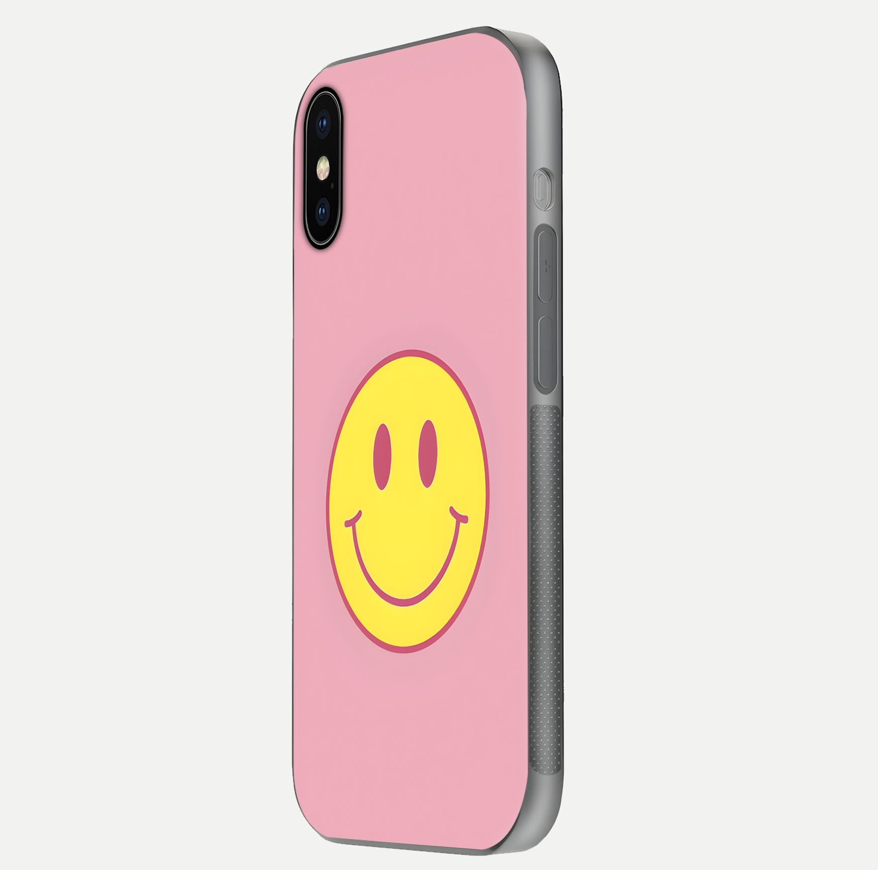 Happy Pink Mood iPhone X glass phone case side profile view focusing on smooth frame and clean wrap
