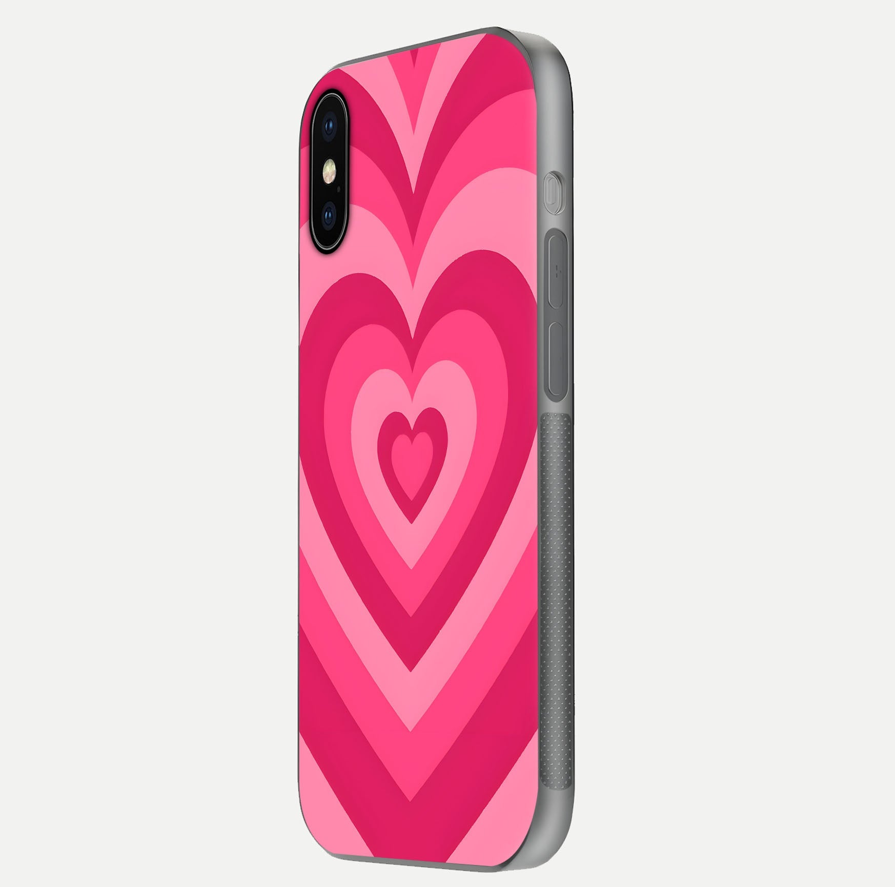Layered Love Hearts iPhone X glass phone case side profile view focusing on sleek edges and seamless wrap