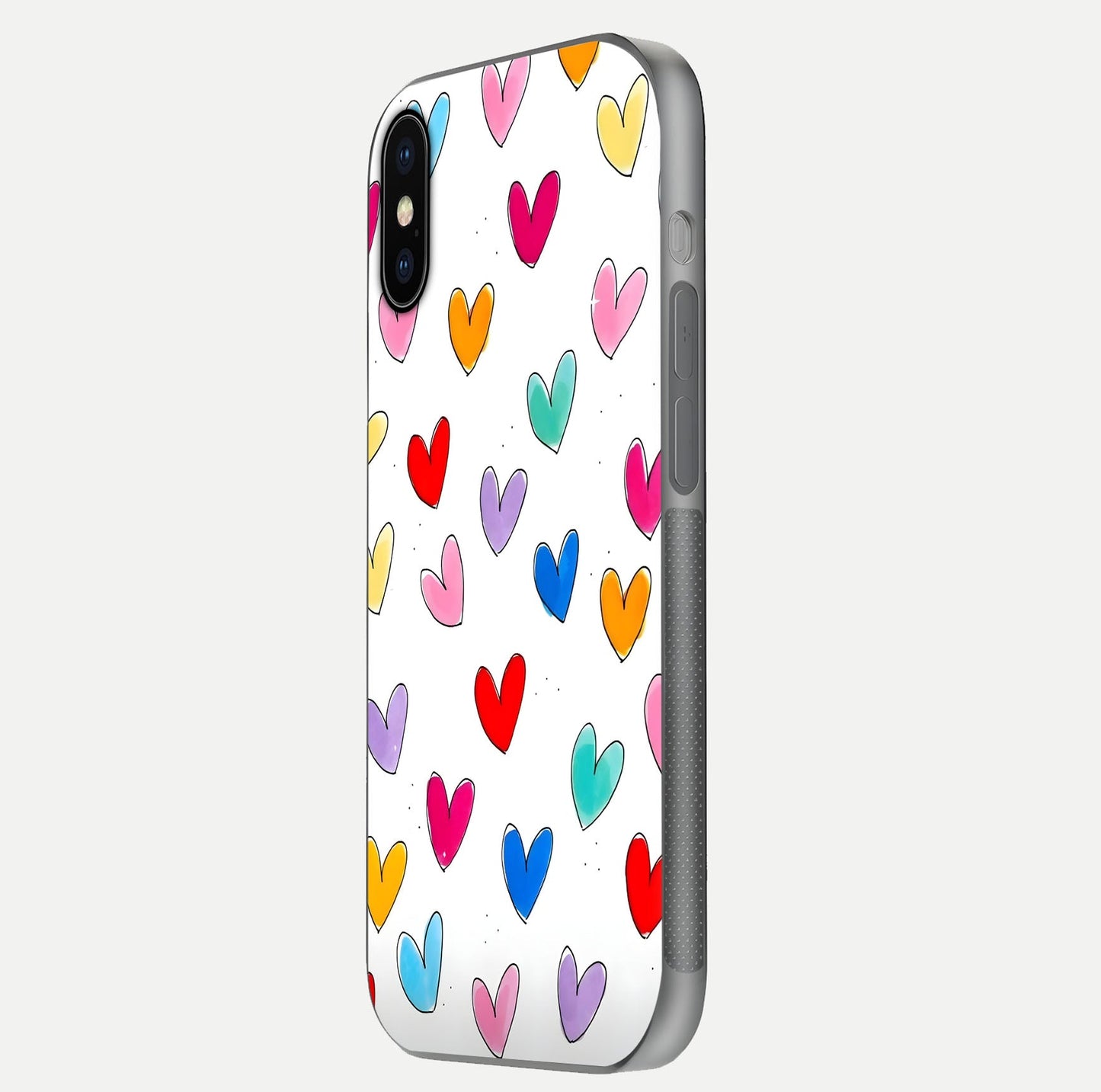 Playful Love Doodles iPhone X glass phone case side profile view focusing on smooth frame and seamless wrap