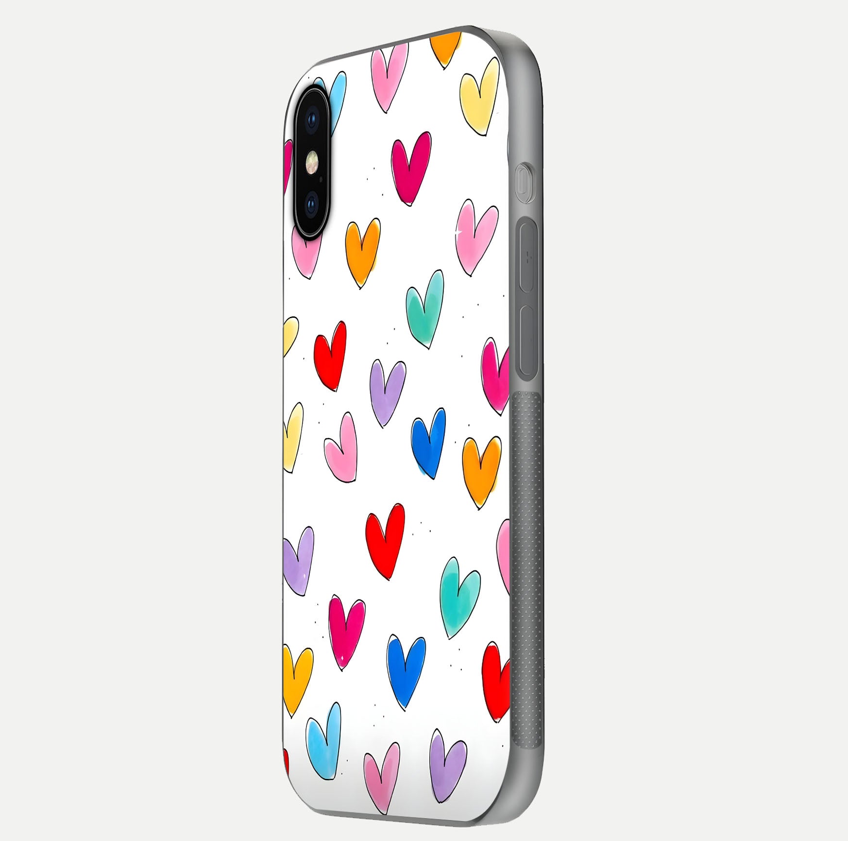 Playful Love Doodles iPhone X glass phone case side profile view focusing on smooth frame and seamless wrap
