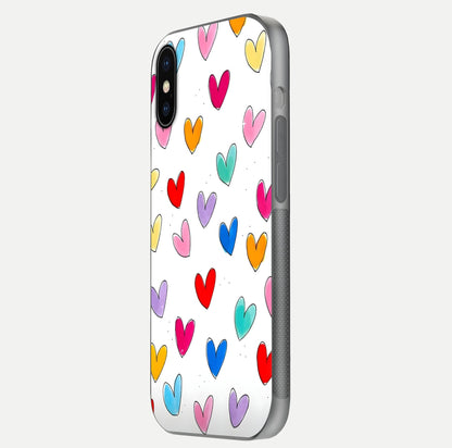 Playful Love Doodles iPhone X glass phone case side profile view focusing on smooth frame and seamless wrap