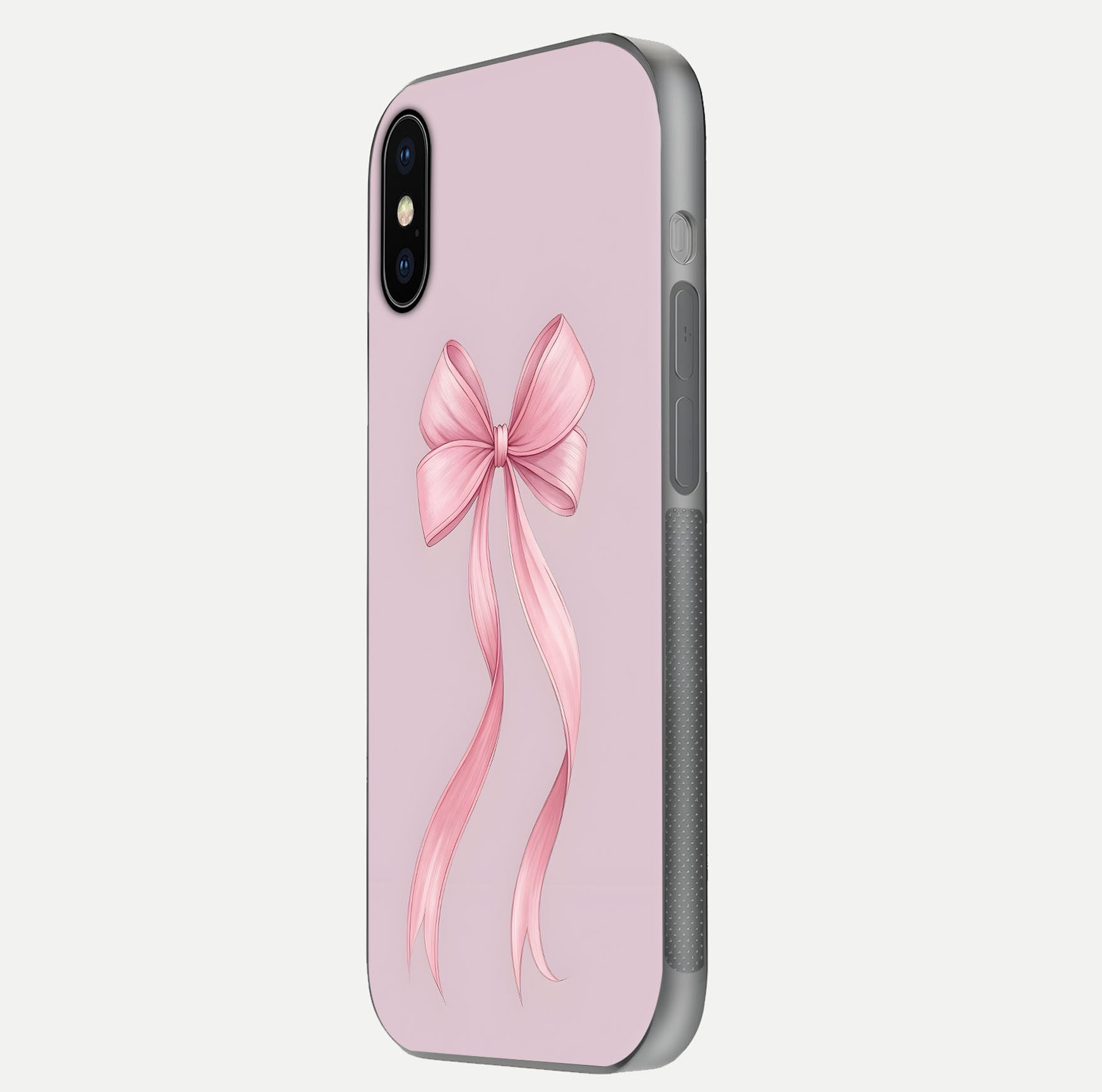 Soft Blush Bow iPhone X glass phone case side profile view focusing on sleek edges and seamless wrap