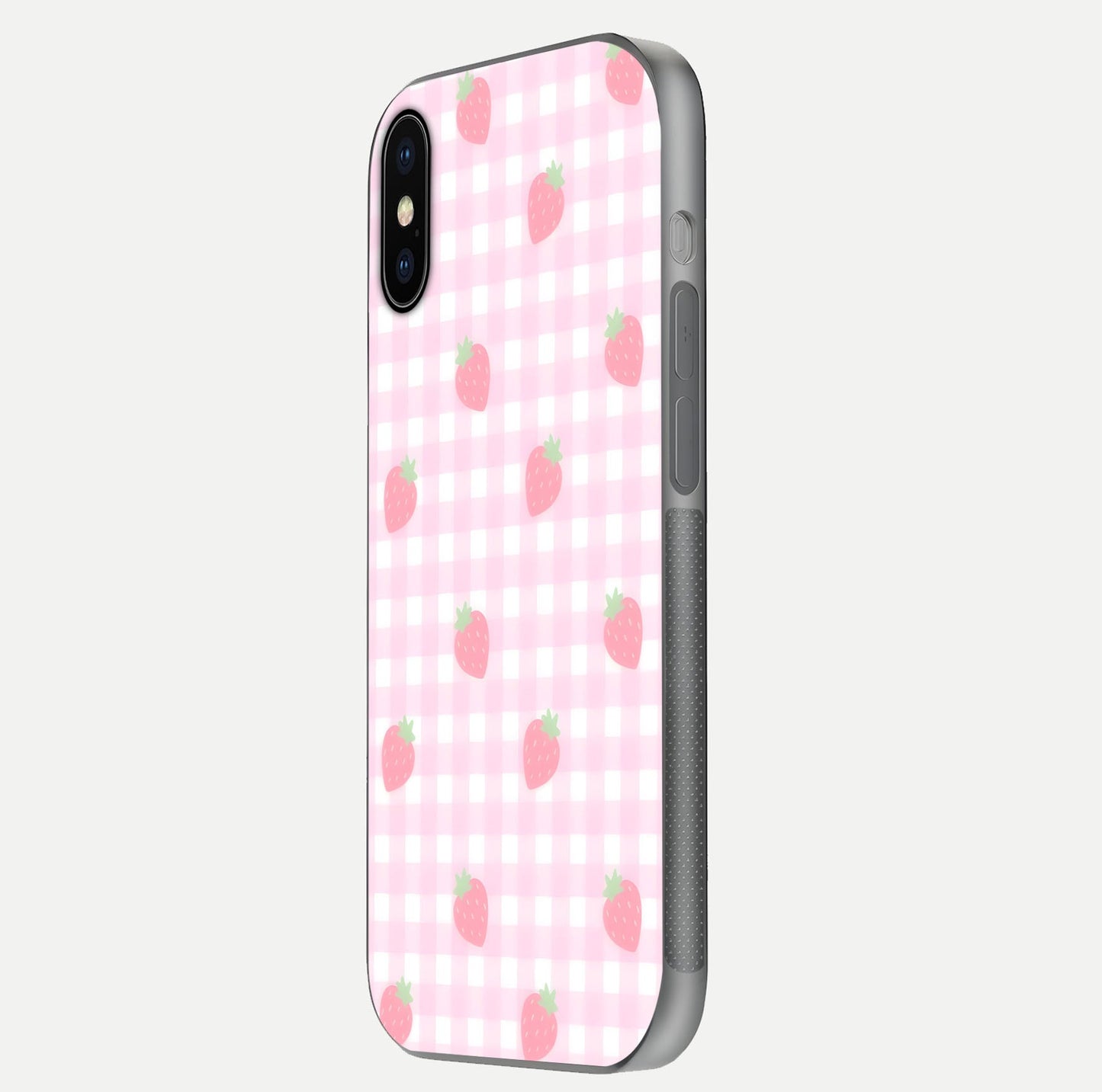 Strawberry Picnic Love iPhone X glass phone case side profile view focusing on smooth frame and seamless wrap