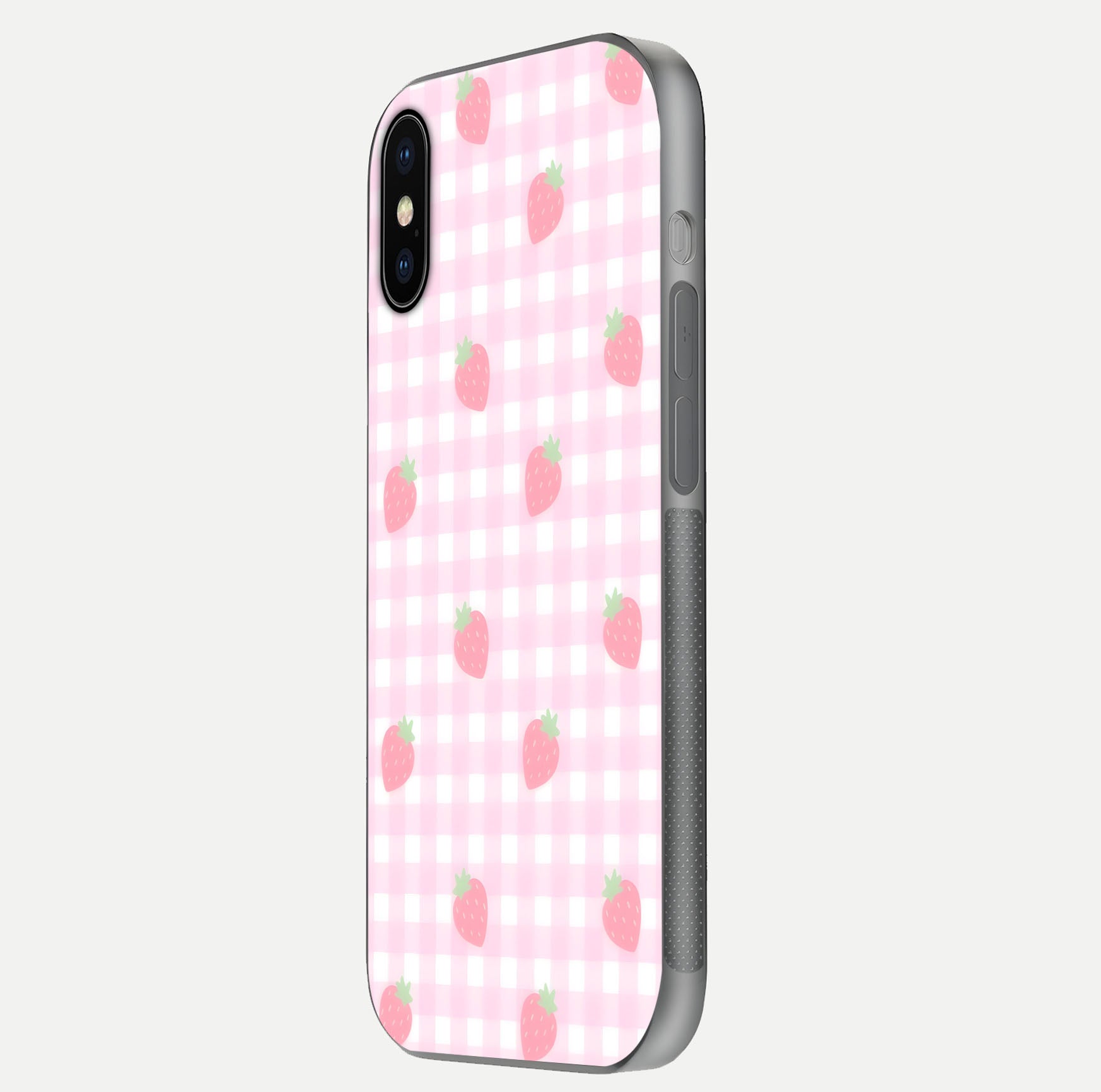 Strawberry Picnic Love iPhone X glass phone case side profile view focusing on smooth frame and seamless wrap