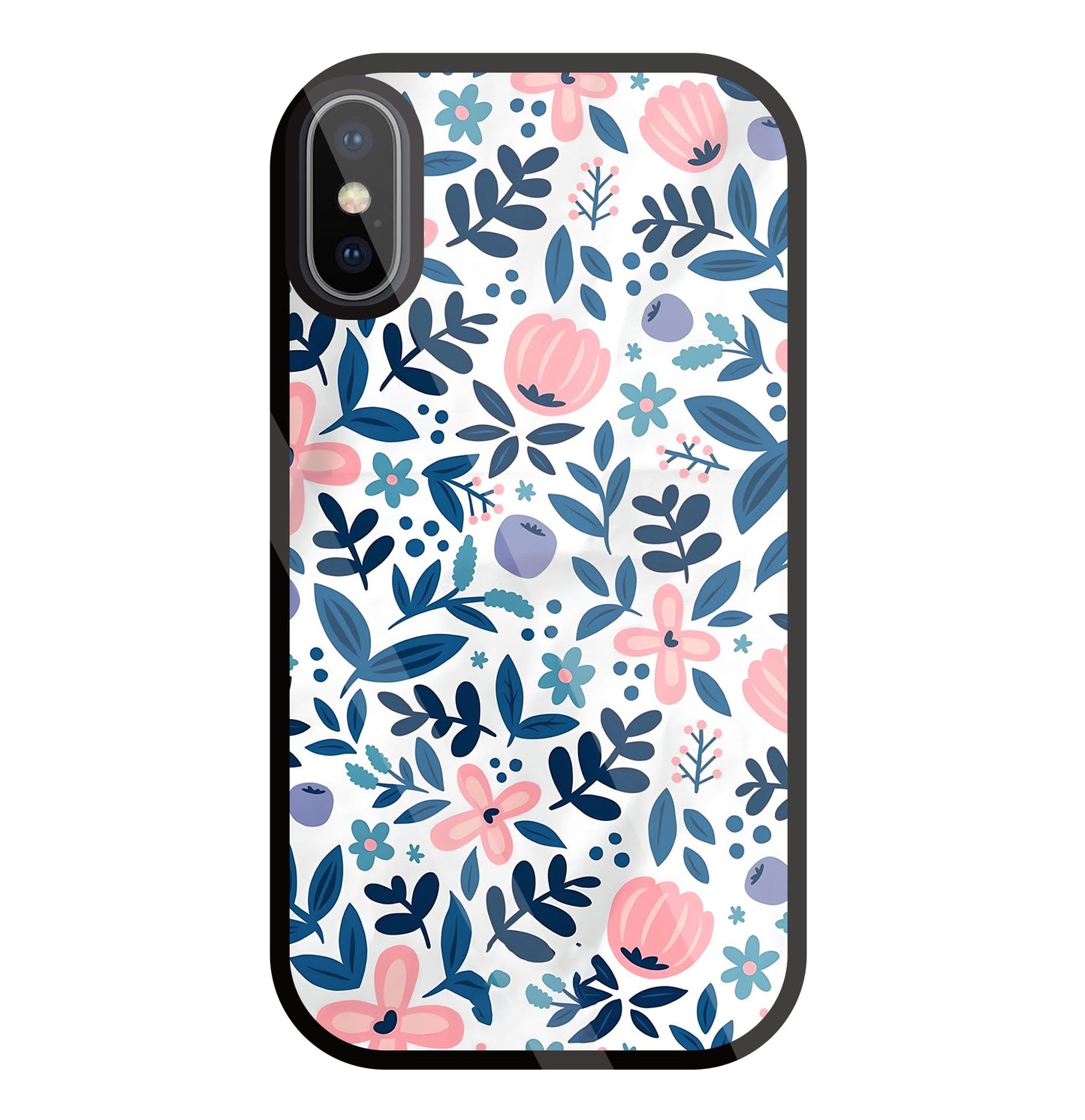 Blue- Pink Flower Pattern Glass Case For Apple iPhone X