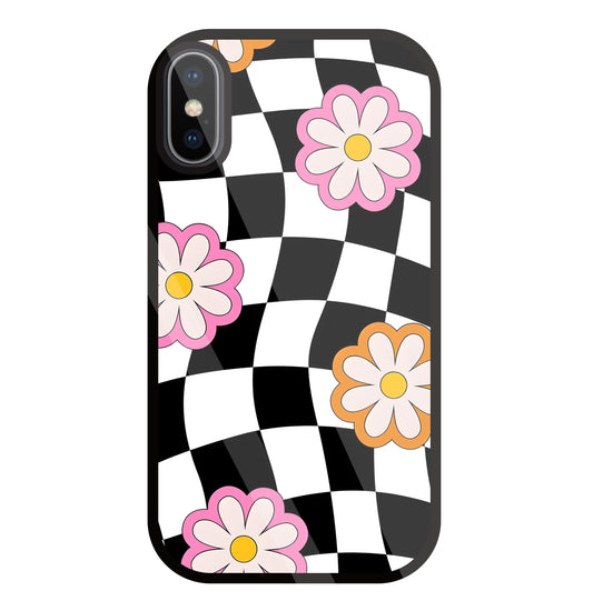 Check Pattern with flowers Glass Case For Apple iPhone X