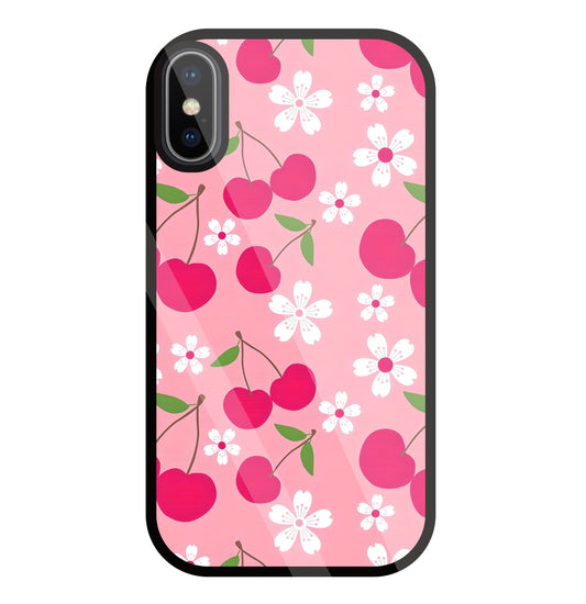 Pink Cherry With Flowers Glass Case For Apple iPhone X