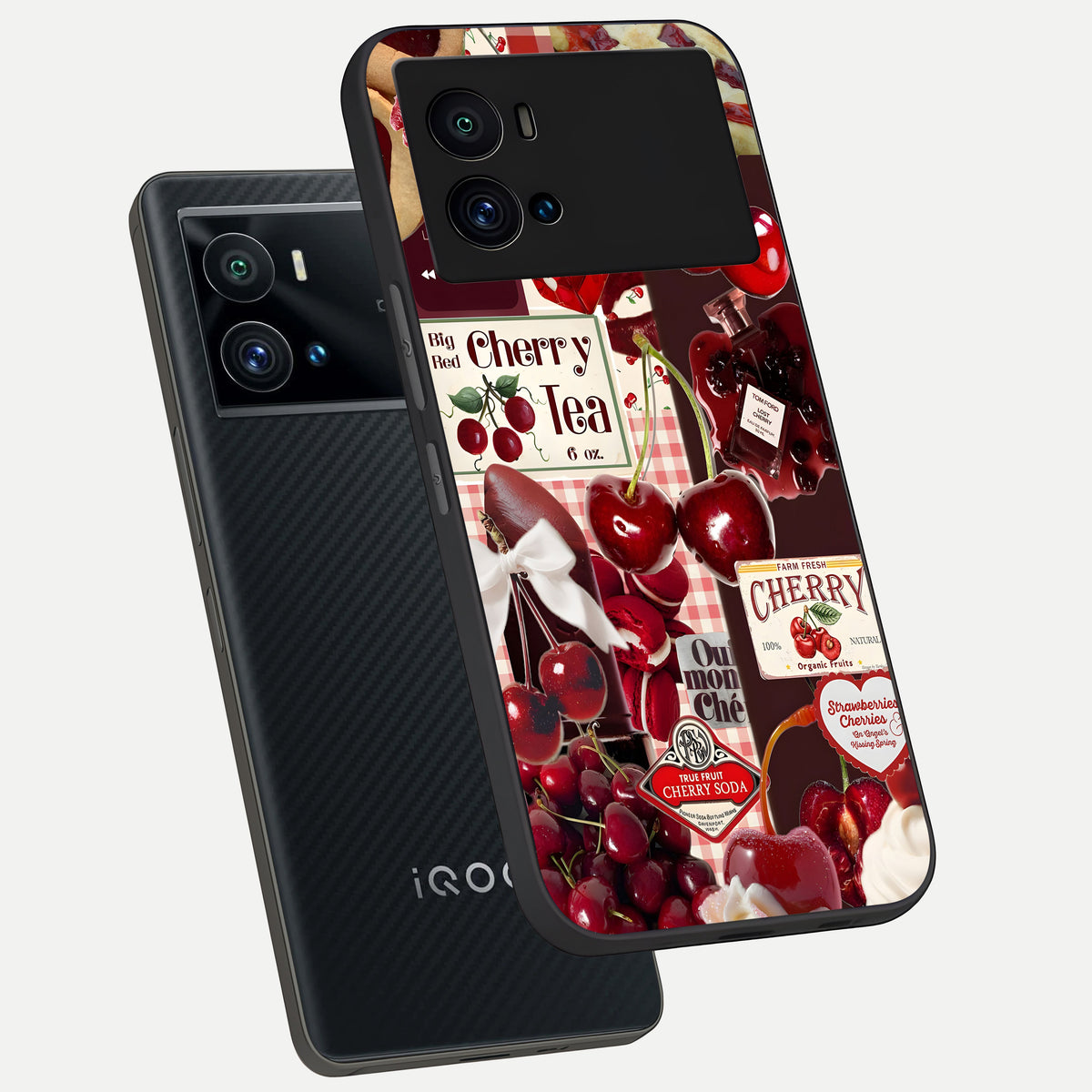  Aesthetic Cherry Tea phone case For iQOO 9 Pro showing premium glass back cover with detailed artwork