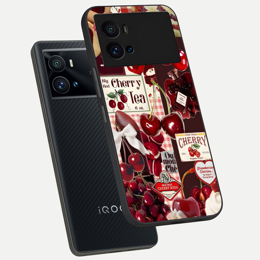  Aesthetic Cherry Tea phone case For iQOO 9 Pro showing premium glass back cover with detailed artwork