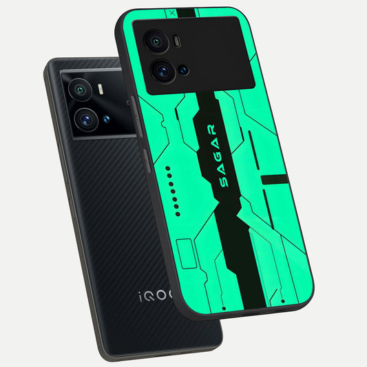  Aqua Tech CYBERPUNK Custom Name phone case For iQOO 9 Pro showing premium glass back cover with detailed artwork