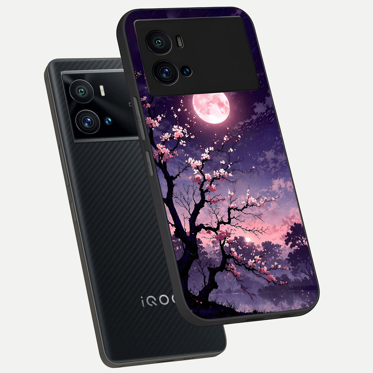  Blossom Pink Moon phone case For iQOO 9 Pro showing premium glass back cover with detailed artwork