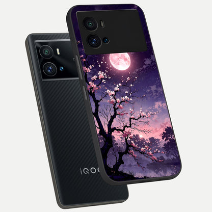  Blossom Pink Moon phone case For iQOO 9 Pro showing premium glass back cover with detailed artwork