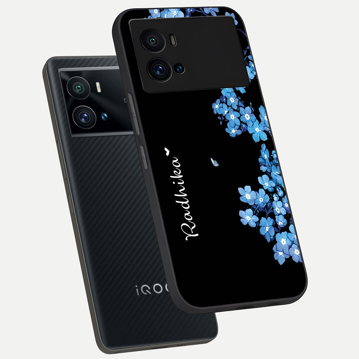  Blue Petal Dream Custom Name phone case For iQOO 9 Pro showing premium glass back cover with detailed artwork