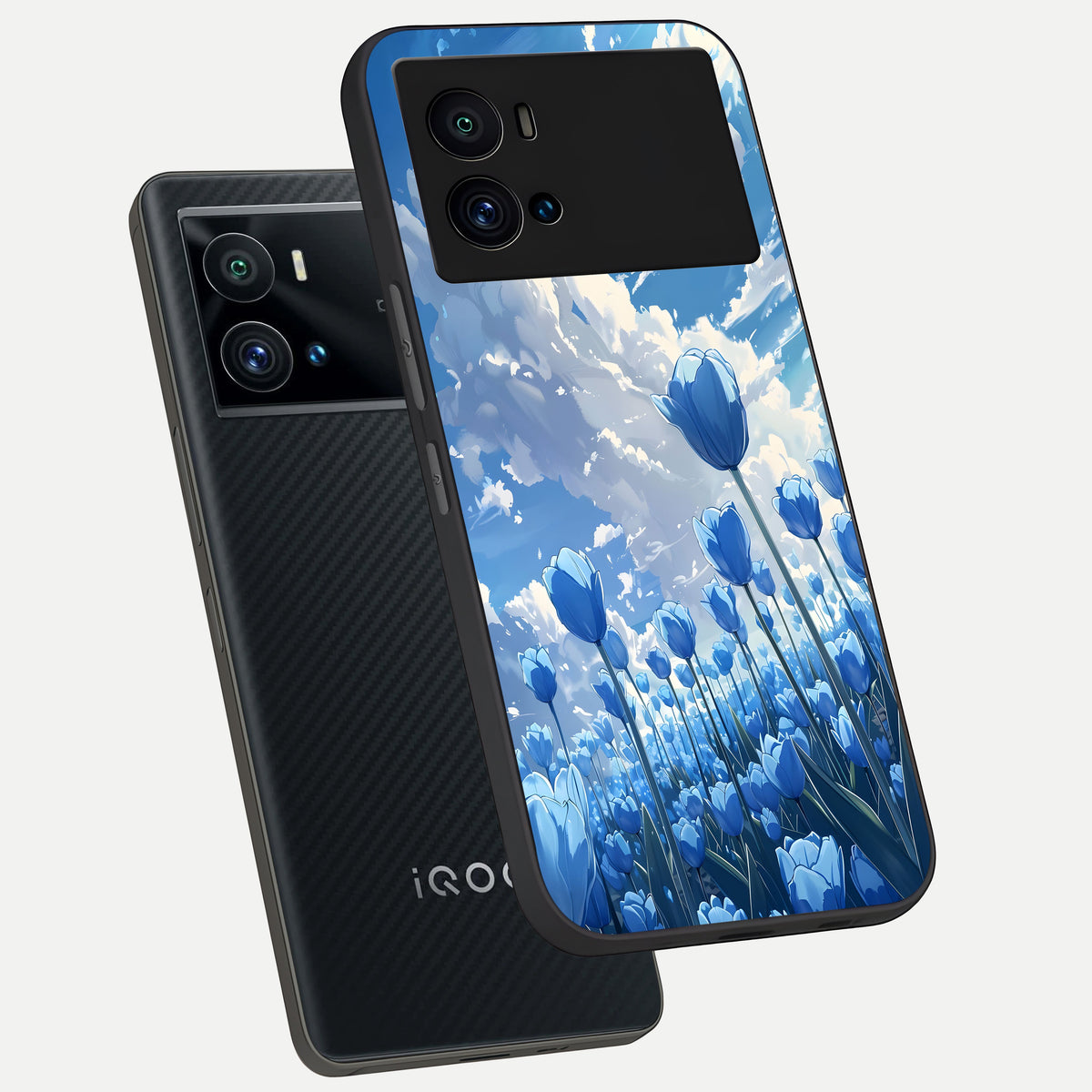  Blue Tulip Clouds phone case For iQOO 9 Pro showing premium glass back cover with detailed artwork