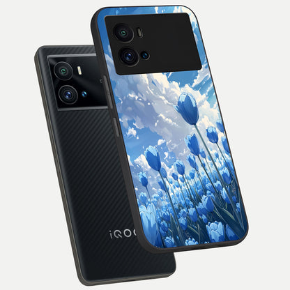  Blue Tulip Clouds phone case For iQOO 9 Pro showing premium glass back cover with detailed artwork