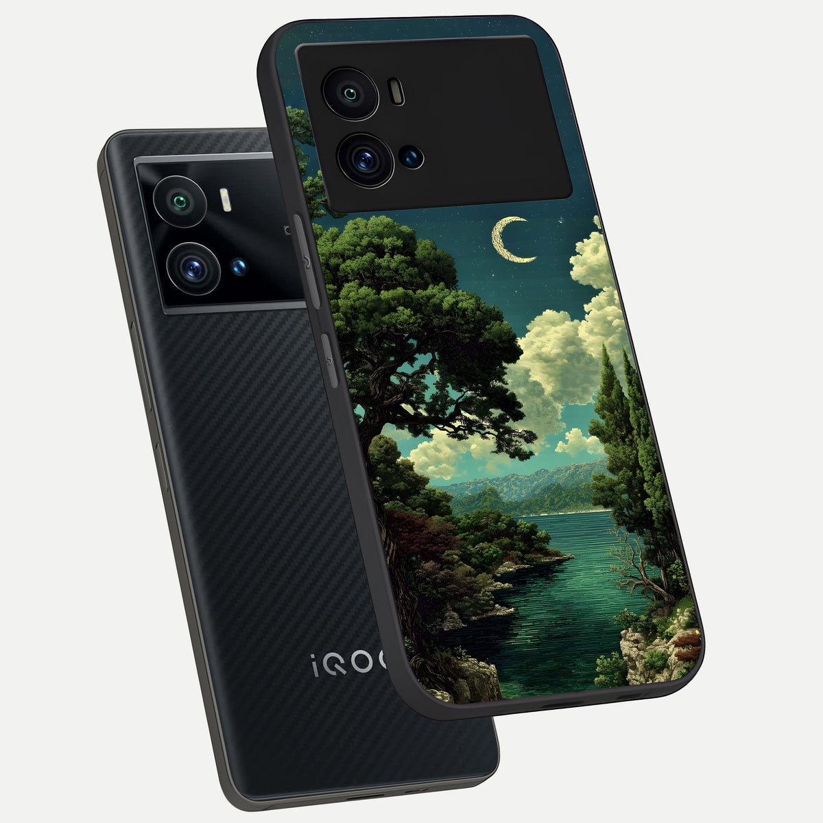  Celestial Lake Peace phone case For iQOO 9 Pro showing premium glass back cover with detailed artwork