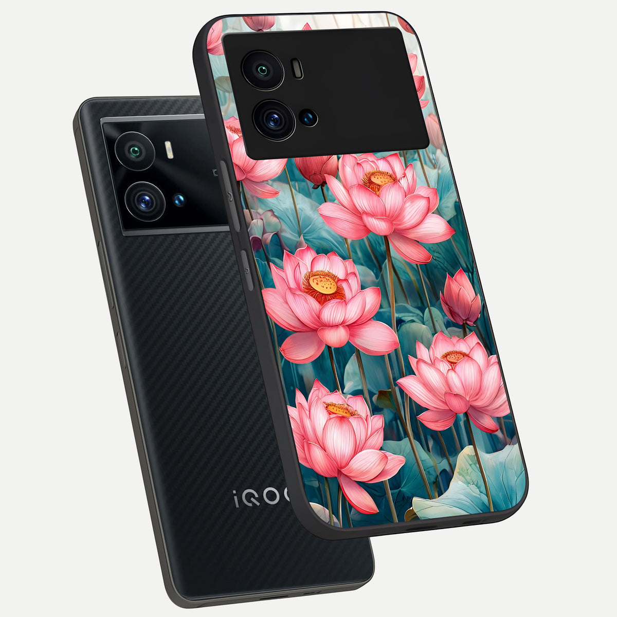  Celestial Pink Lotus phone case For iQOO 9 Pro showing premium glass back cover with detailed artwork