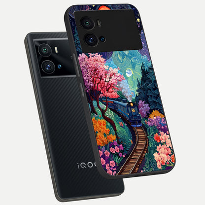  Celestial Train Journey phone case For iQOO 9 Pro showing premium glass back cover with detailed artwork