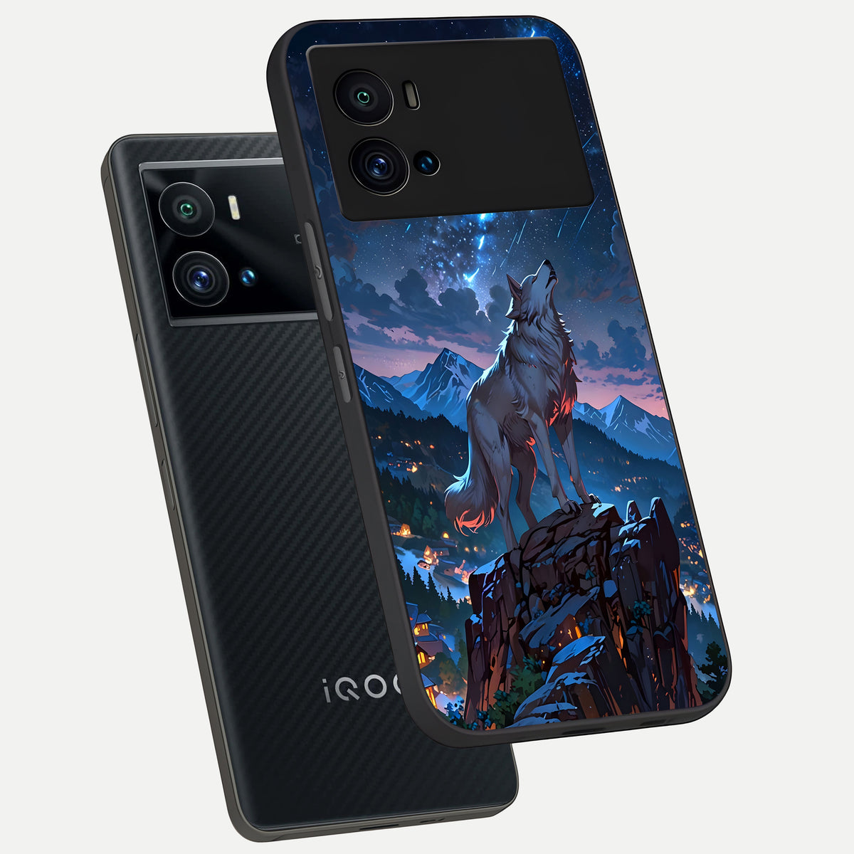  Celestial Wolf Howl phone case For iQOO 9 Pro showing premium glass back cover with detailed artwork