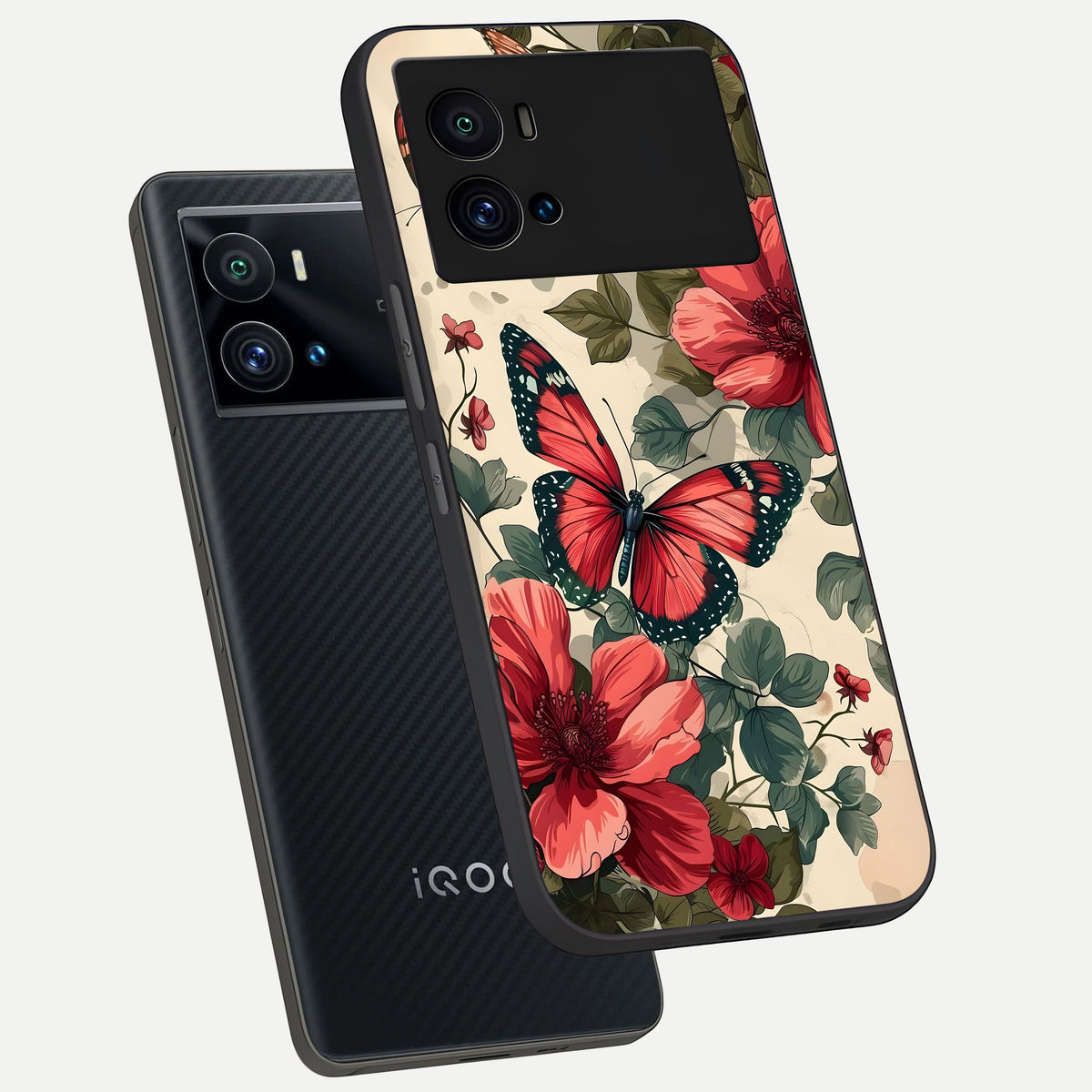  Crimson Butterfly Garden phone case For iQOO 9 Pro showing premium glass back cover with detailed artwork